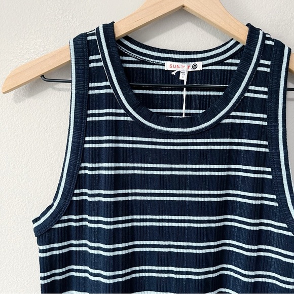 Sundry Variegated Rib Stripe High Crew Neck Tank Top Deep Navy Blue Size Large - Picture 5 of 10